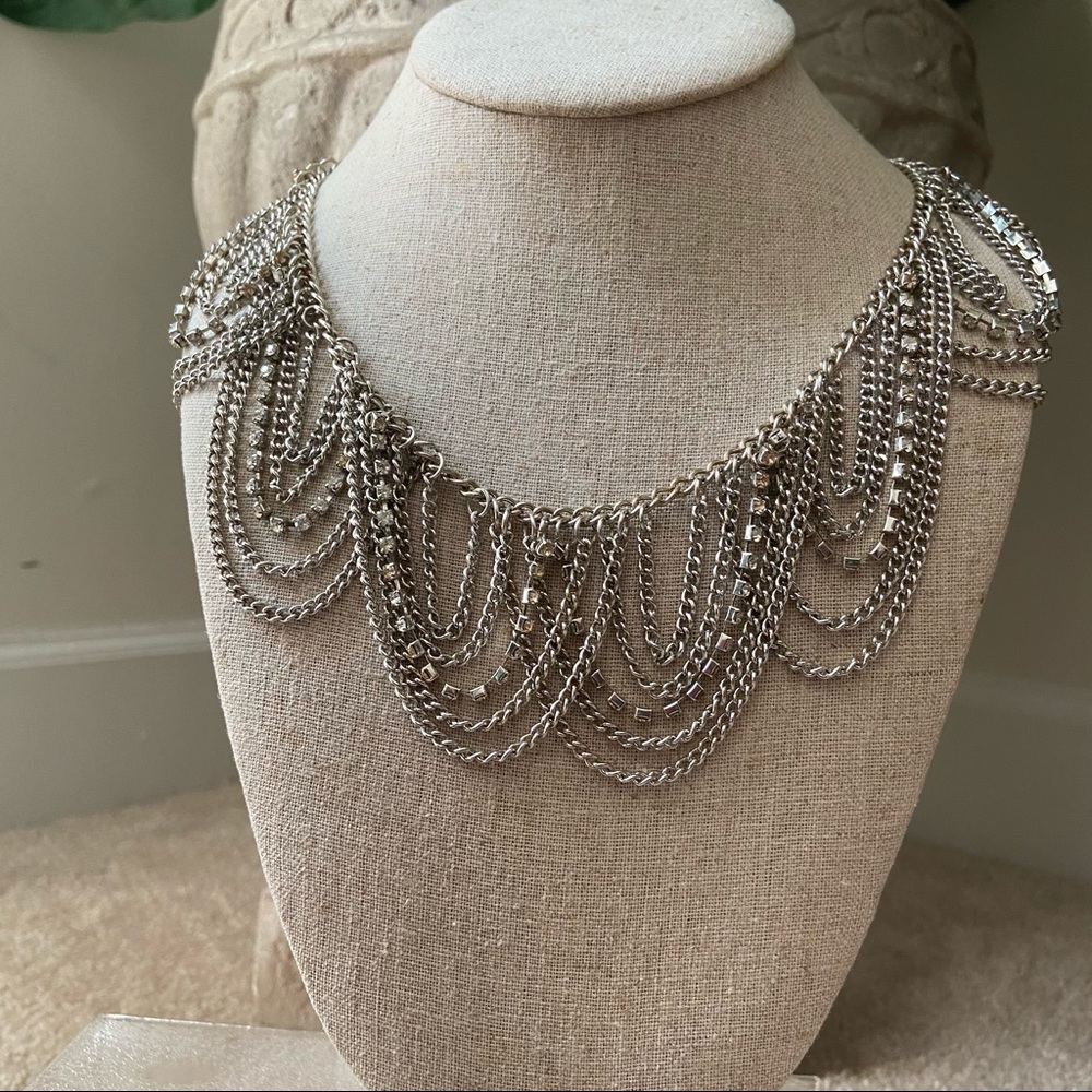 Silver rhinestone loops statement necklace